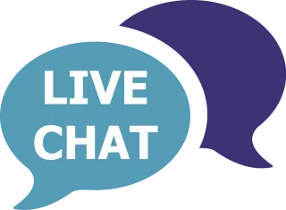 A graphic of two speech bubbles. The front speech bubble is blue with the words "LIVE CHAT" in white. The second speech bubble is purple and situated partially behind the blue one. The graphic represents online live chat communication.