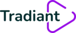 The image shows the logo of a company called Tradiant. The text "Tradiant" is written in a modern, sans-serif font. To the right of the text is an abstract, purple square spiral design.